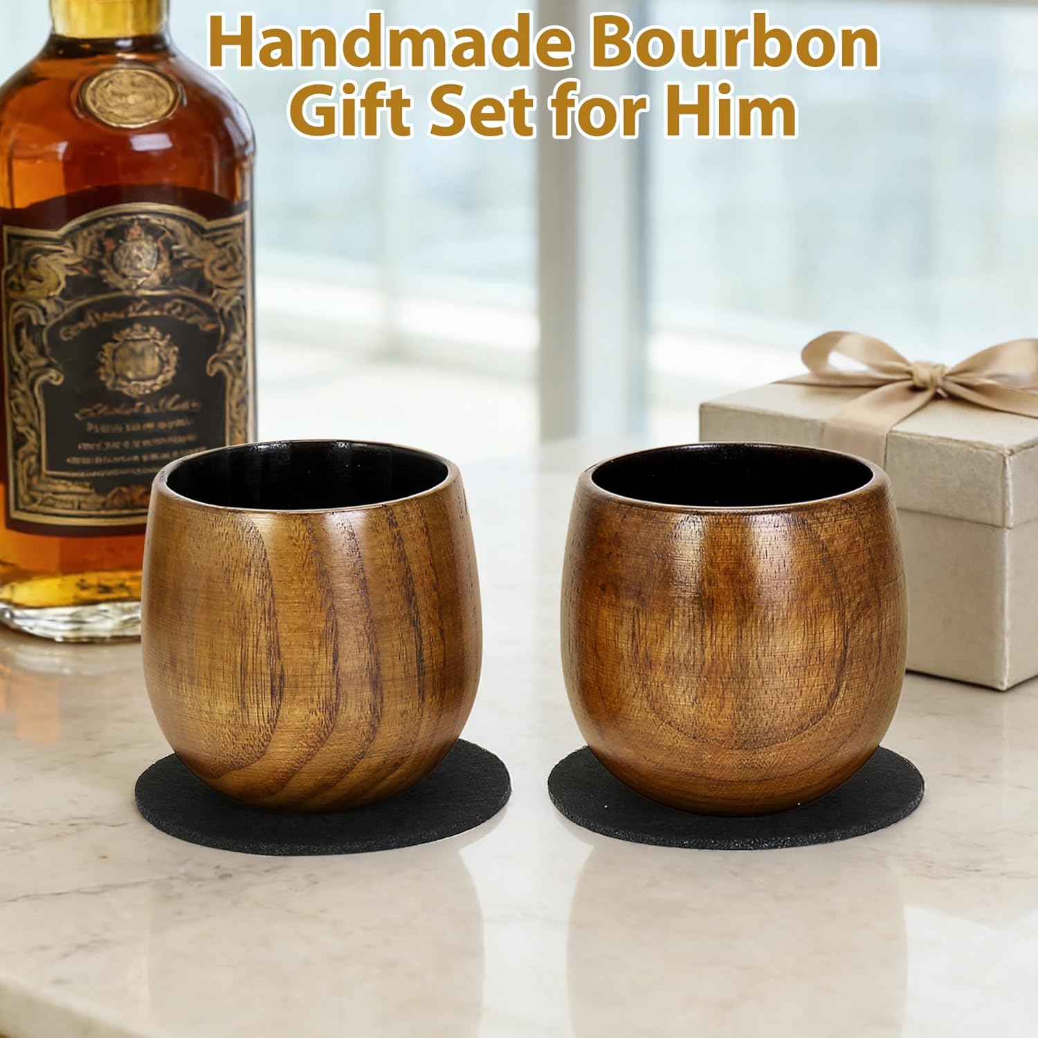 Charred Wooden Bourbon Drnking Glass, Wood Whiskey Glasses set of 2 Gifts for Men, Personalized Handcrafted Wine Cup Whisky Tumbler Gifts with Box for Dad Boss Male Brother Lovers Friends