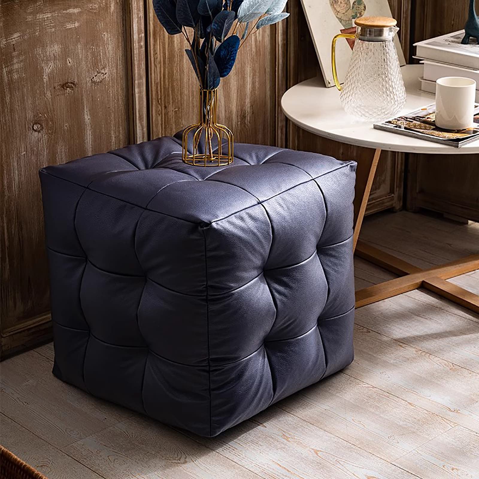 Repose-pieds pouf cube en similicuir marron salon