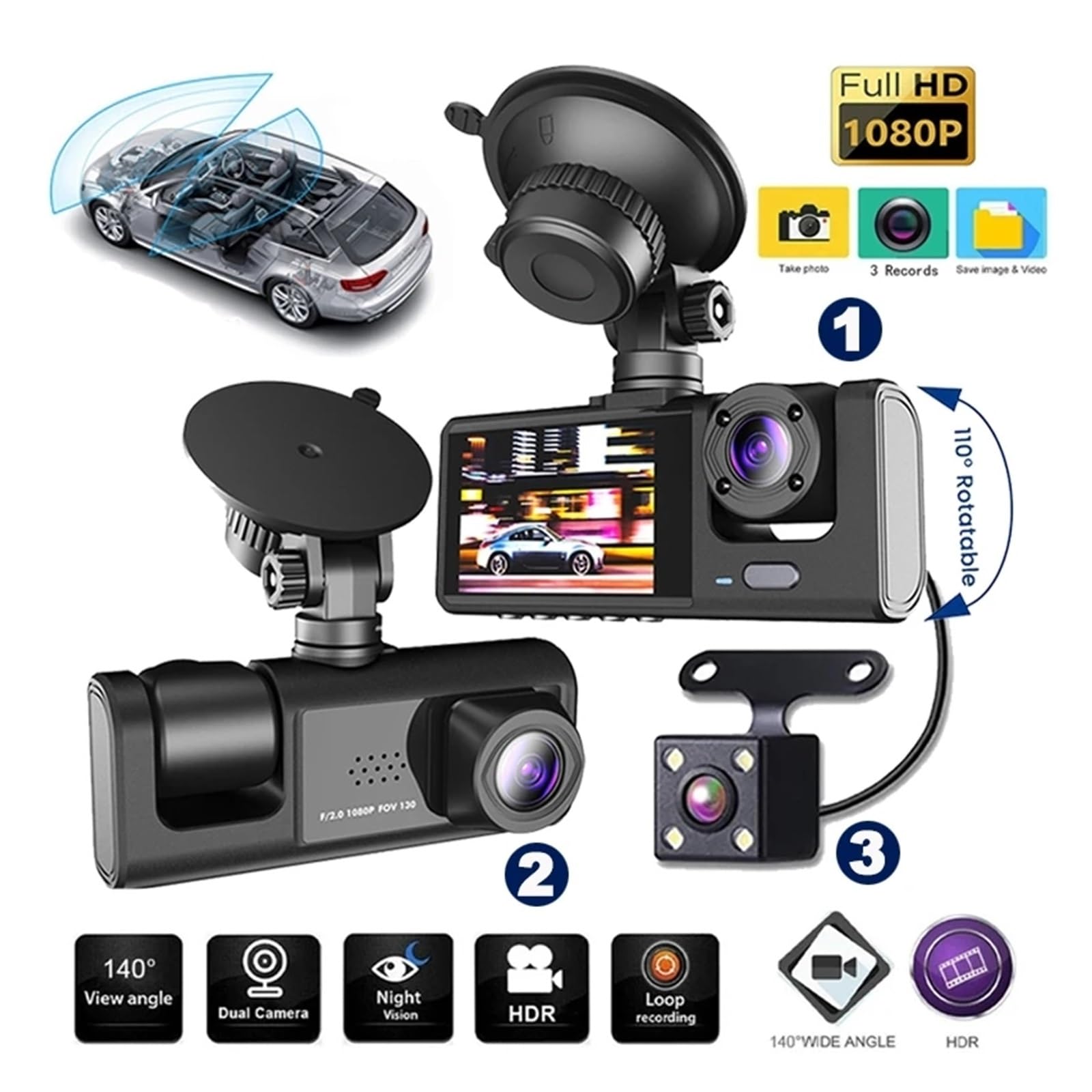 Przód kamery samochodowej Full HD 1080P 3 kamera kamera na deskę rozdzielczą do samochodu 2 Cal ekran Dashcam czarna skrzynka sterownik wideorejestrator samochodowy kamera tylna akcesoria samochodowe