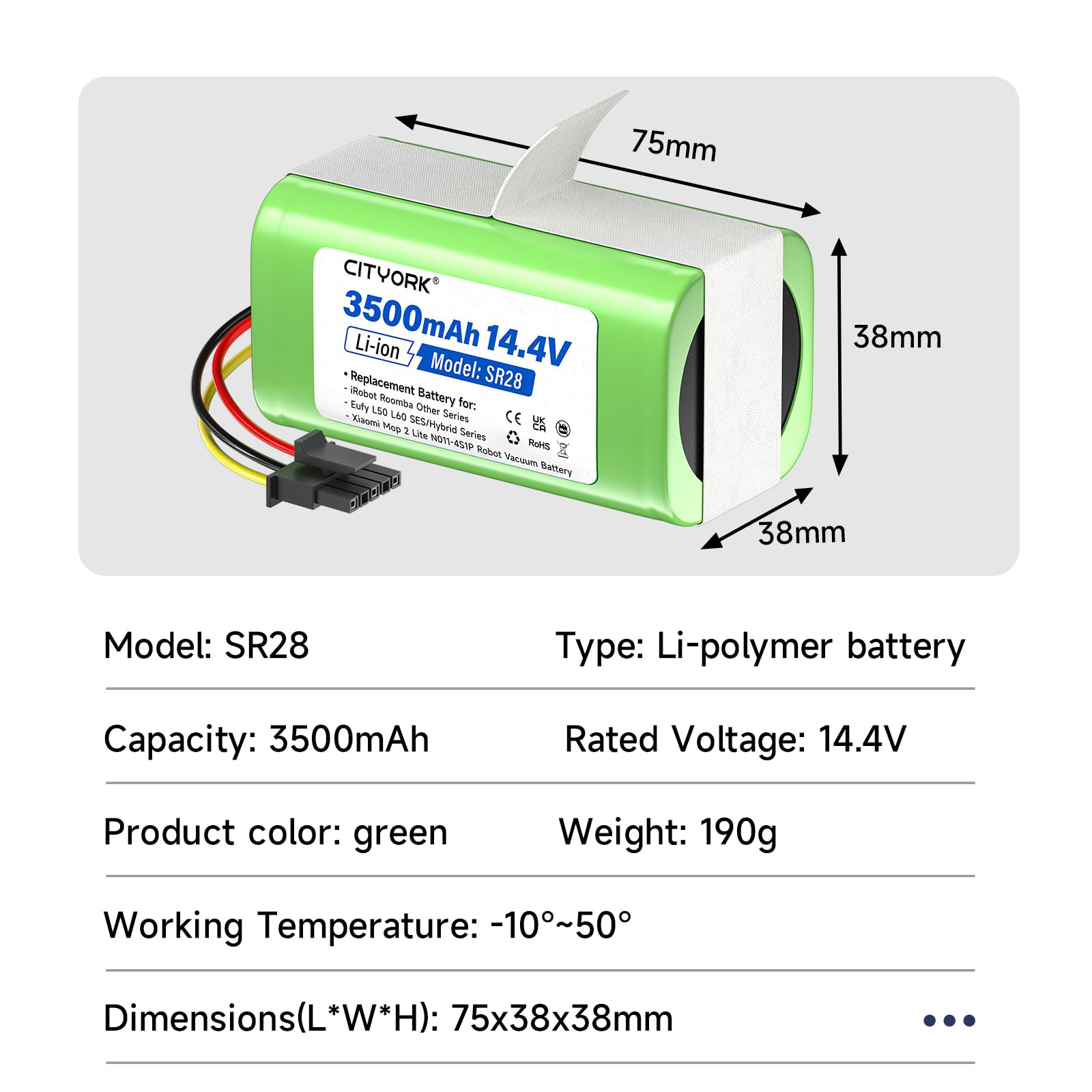 CITYORK 14.4V/3500mAh Batería para iRobot Roomba Combo Essential Y0110/ Y0112/ Essential 2/ Combo Essential Y0110/ Y011020/ Y011040/ Y0112/ Y011240, para Eufy L50 L60 Hybrid/SES Bateria