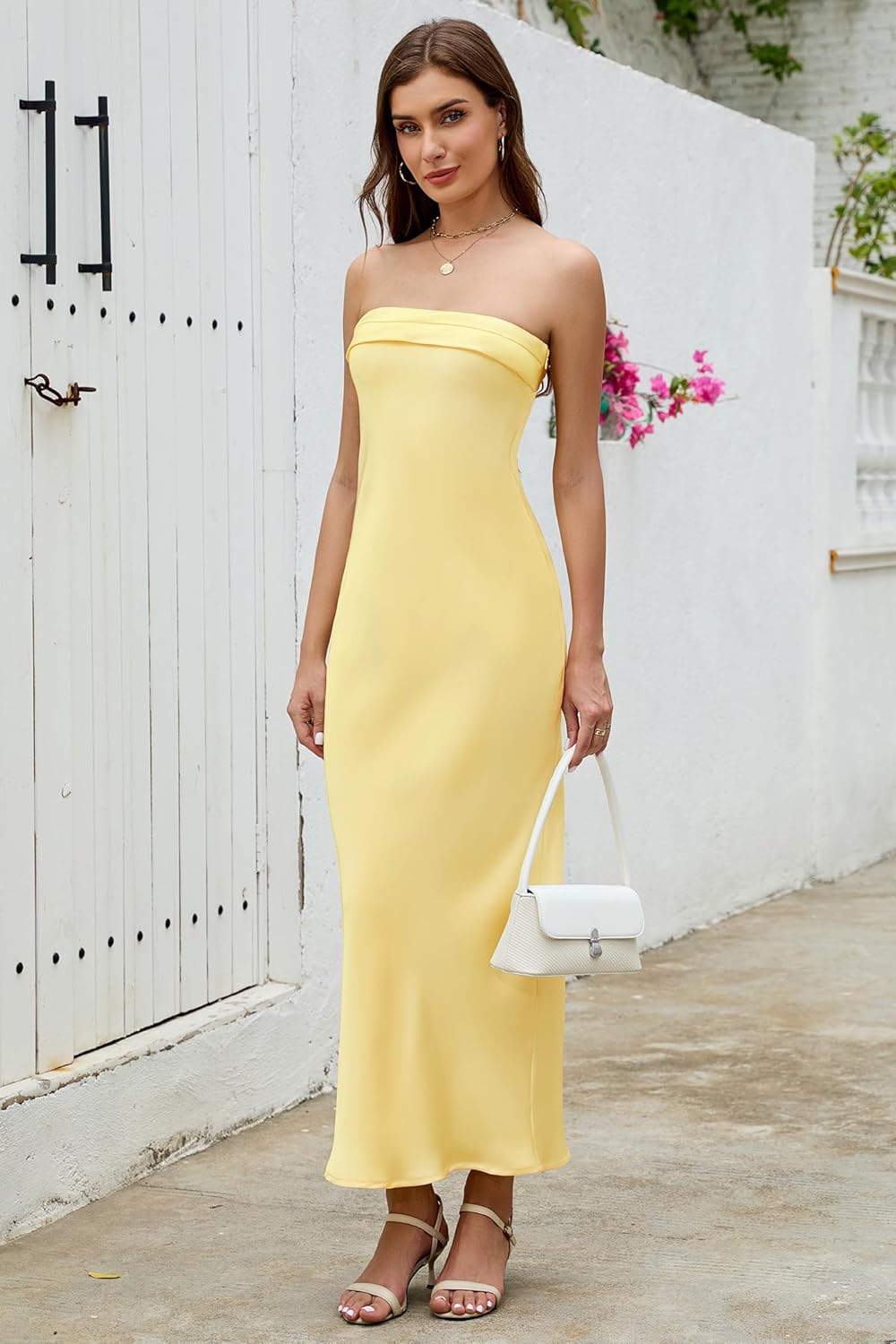 Womens 2025 Satin Strapless Dress Tube Backless Elegant Bodycon Long Formal Silk Wedding Guest Maxi Dresses - Image 6