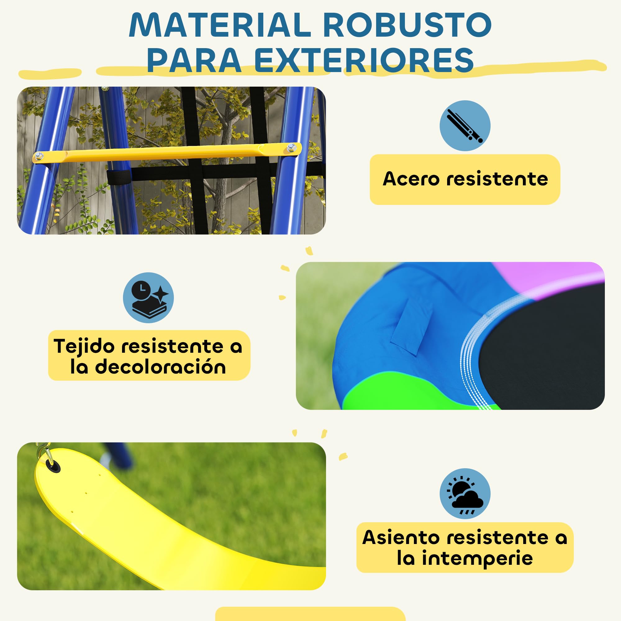 AIYAPLAY Columpios para Niños de +3 Años 6 en 1 Columpios Jardín Exterior con Columpio Nido Cuerda con Disco Red para Escalar Escalera y Aro de Baloncesto Multicolor