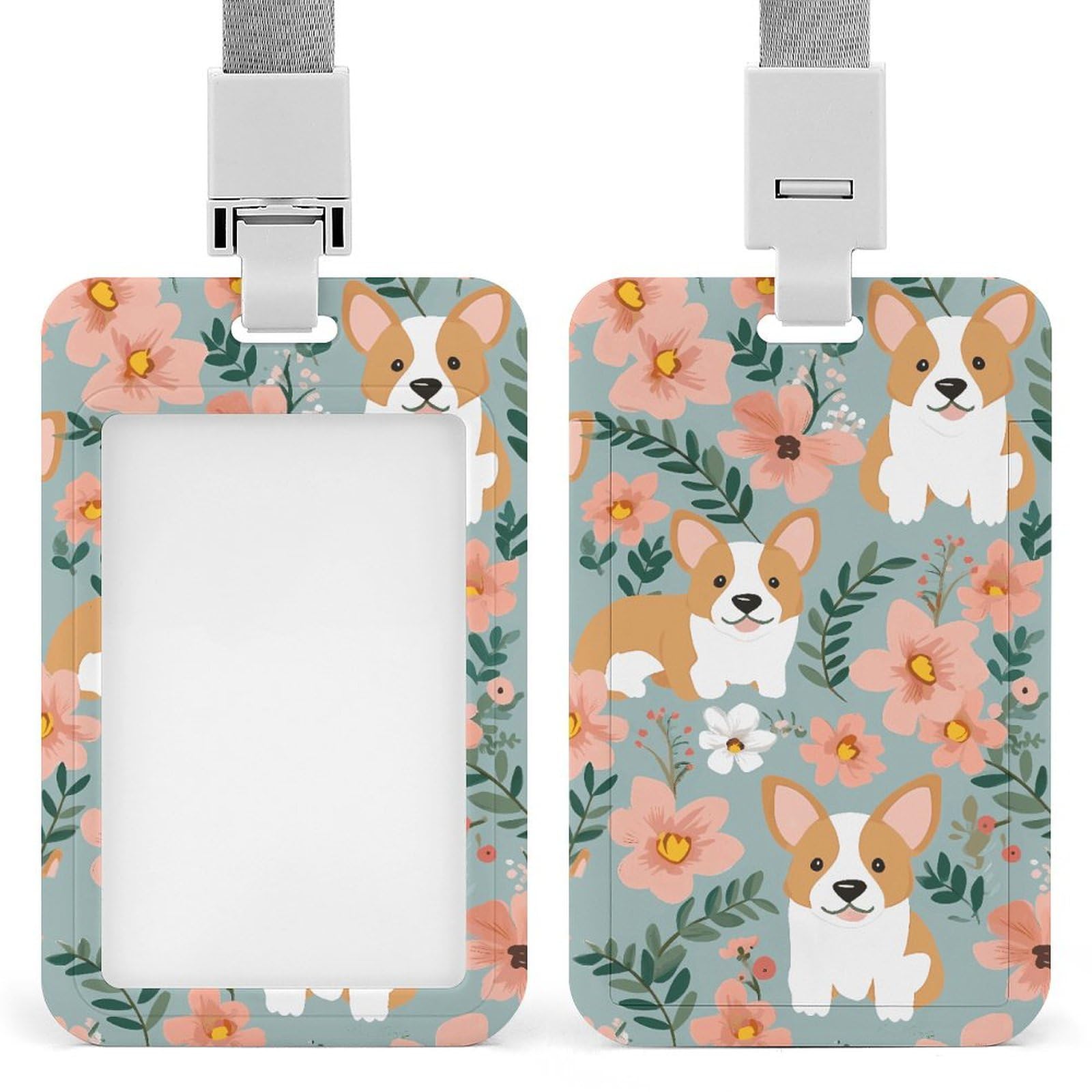 ID Card Holders for Lanyard,Corgi Floral Flowers Spring Garden Printed Badge Holder with Clear Window,Plastic Vertical Bus Pass Holders for Work Teacher Nurse Employees Proximity Key Cards Women Men