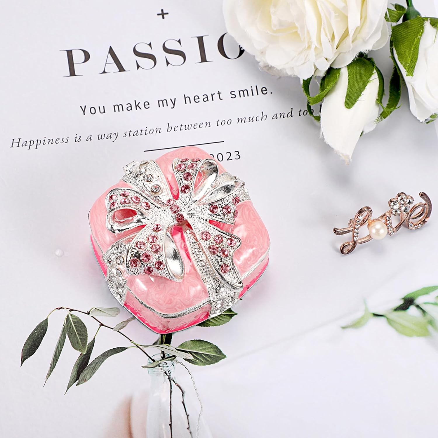 ELLDOO Mini Trinket Box, Bow-knot Gift Box Style Hinged Jewelry Box Vintage Metal Enameled Decorative Box Ring Earrings Jewelry Organizer Square Gift Box for Women Girls, Pink - Image 2