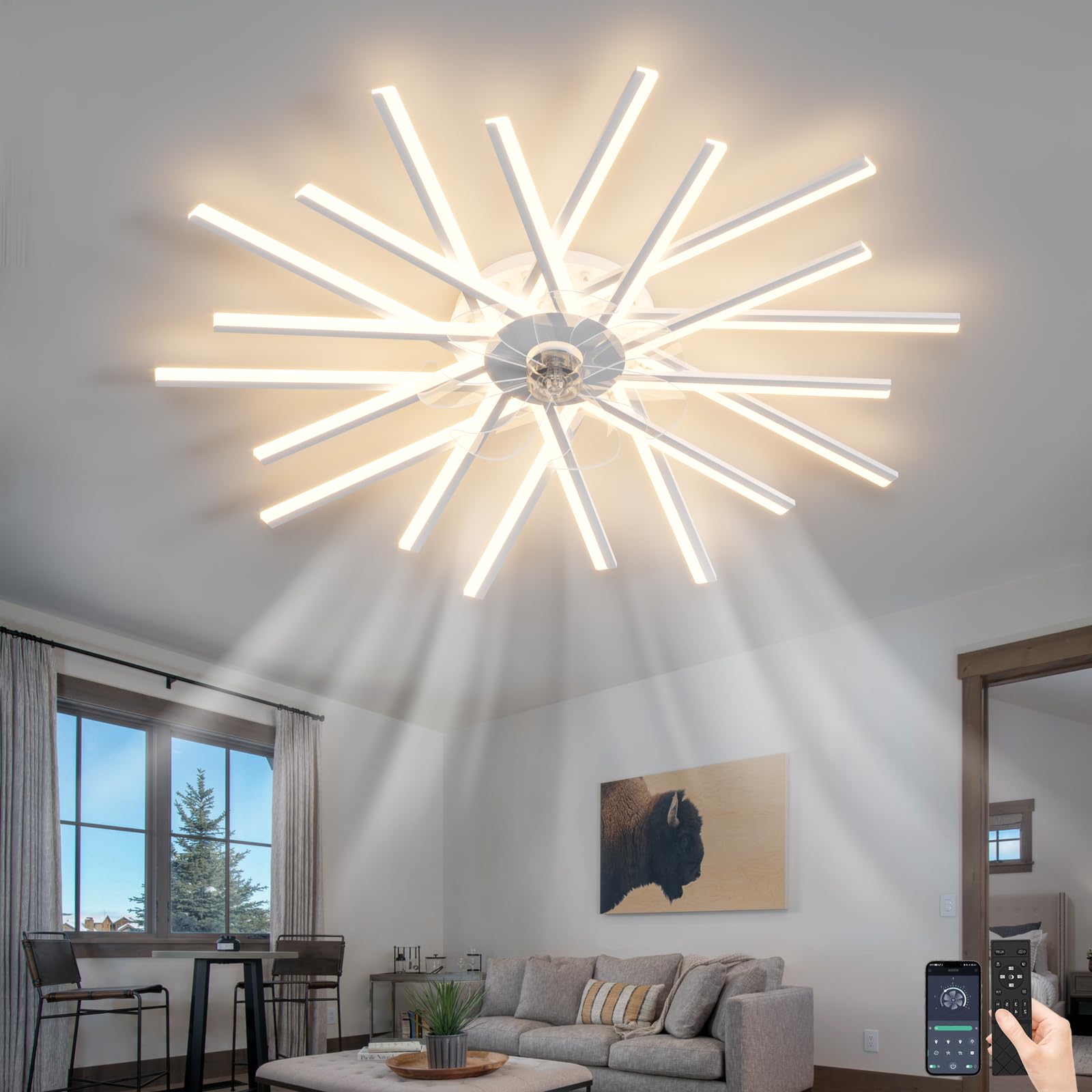 SXDMOUBK 6 Wind Speed Ceiling Fans with Lights and Remote Control Silence Chandeliers Ceiling Light Dimmable Reversible DC Fan Light Ceiling for Living Room Bedroom-White||114cm