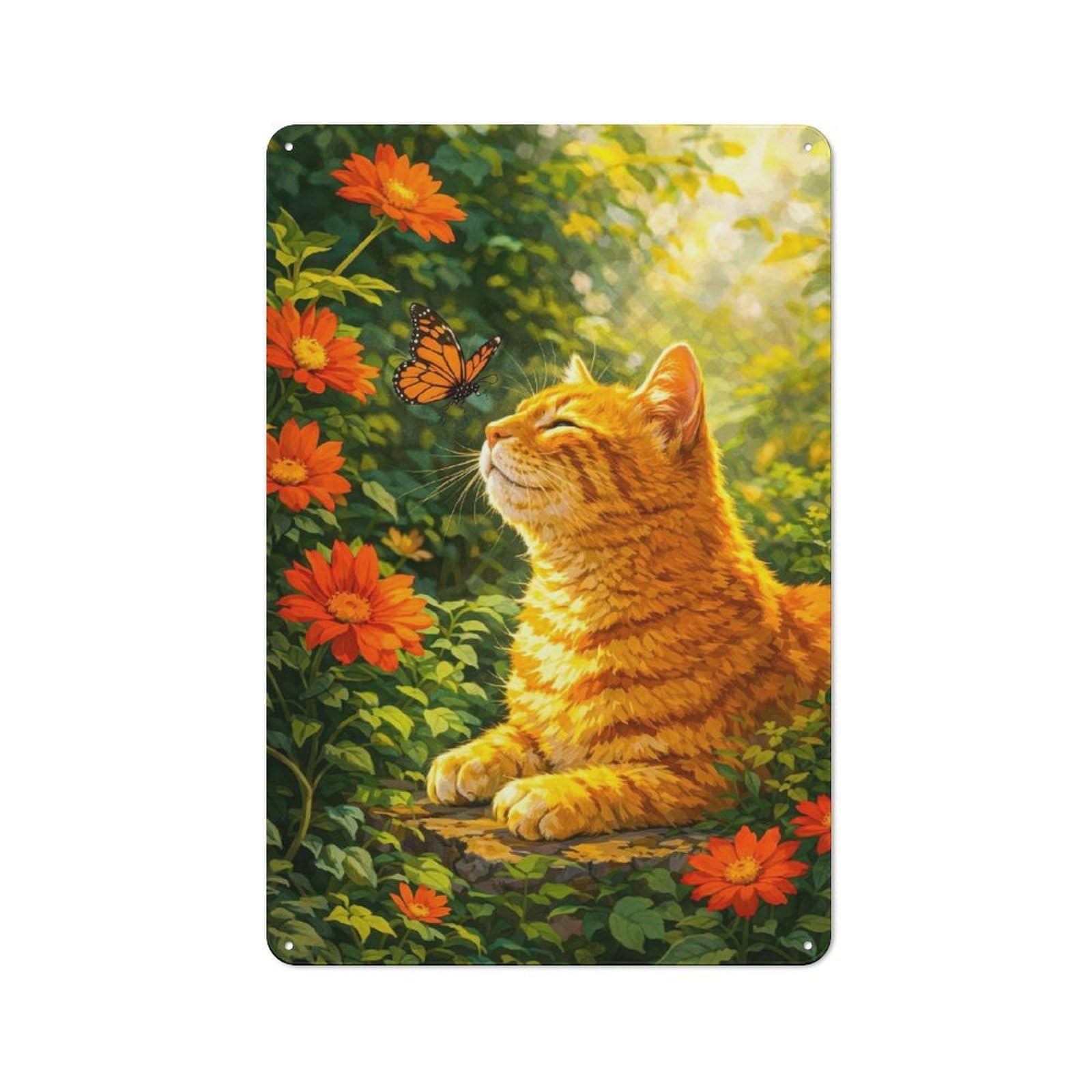 Junmoney Style-23 Orange Cat And Butterfly In Garden Printed Metal Sign 30X20cm For Man Cave Or Games Room, Suited To Games Room Collectors