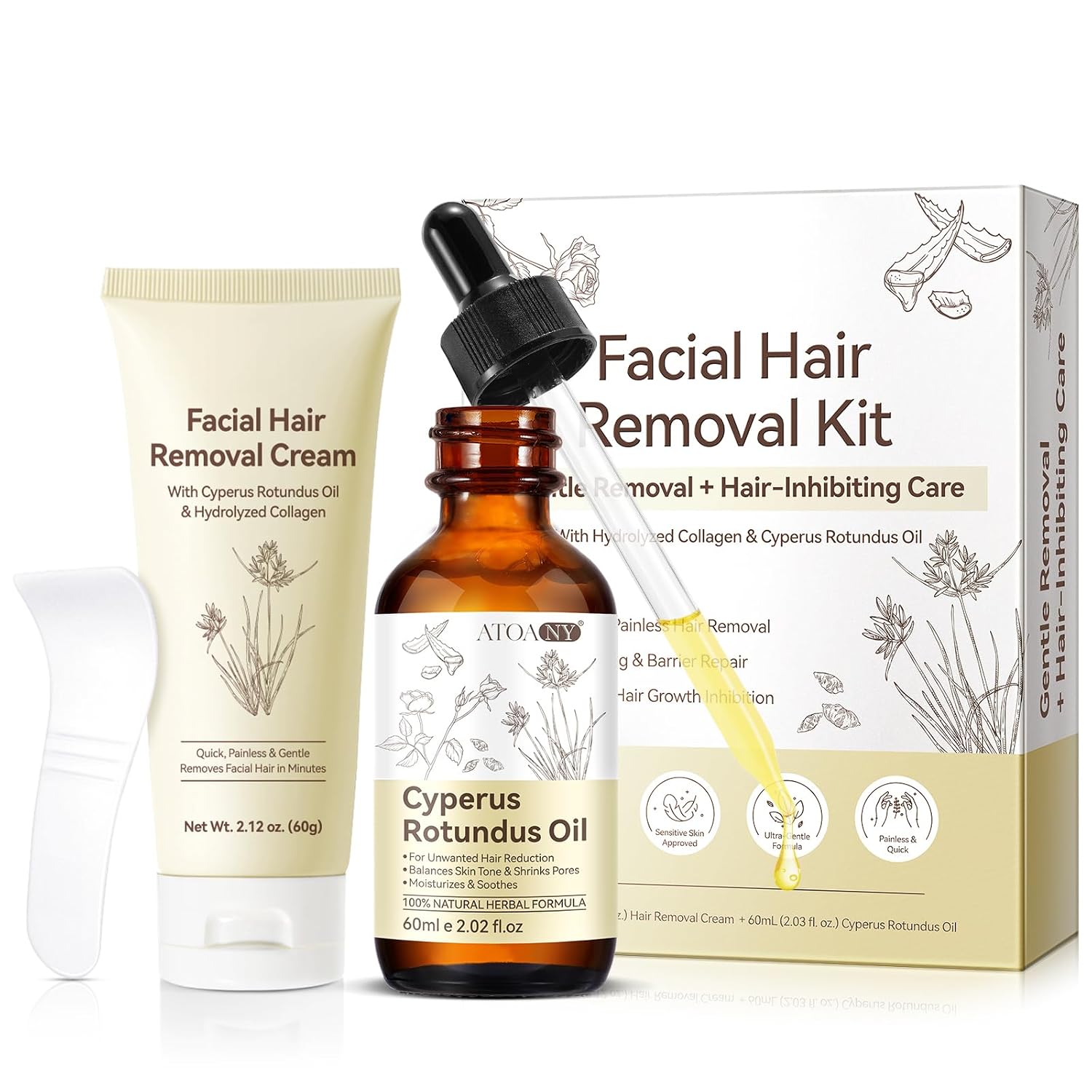 Facial Hair Removal Kit For Women, Painless & Gentle Hair Removal Cream | Chin | Upper Lip | Cheeks for All Skin Types, Hair Removal Cream 60g/2.12 oz. + Cyperus Rotundus Oil 60mL/2.03 fl. oz.
