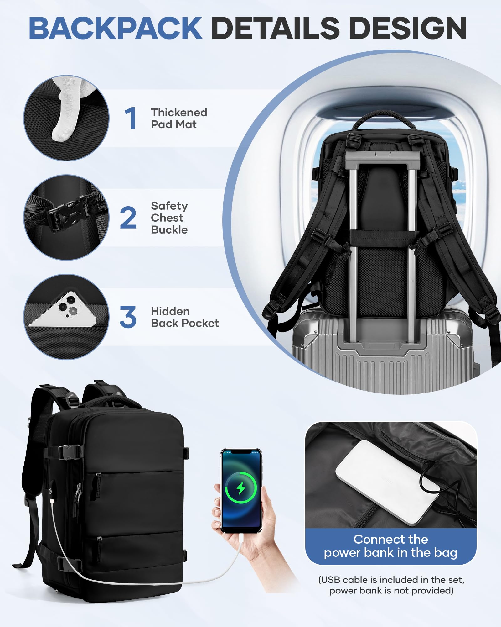 BJLFS Borse da Cabina per Ryanair 40x30x20 Zaino Wizzair Sottovuoto da viaggio 40x20x25 Bagaglio a Mano con compressione sottovuoto,Zaino Easyjet 45x36x20,Zaini Casual per laptop da 14 pollici