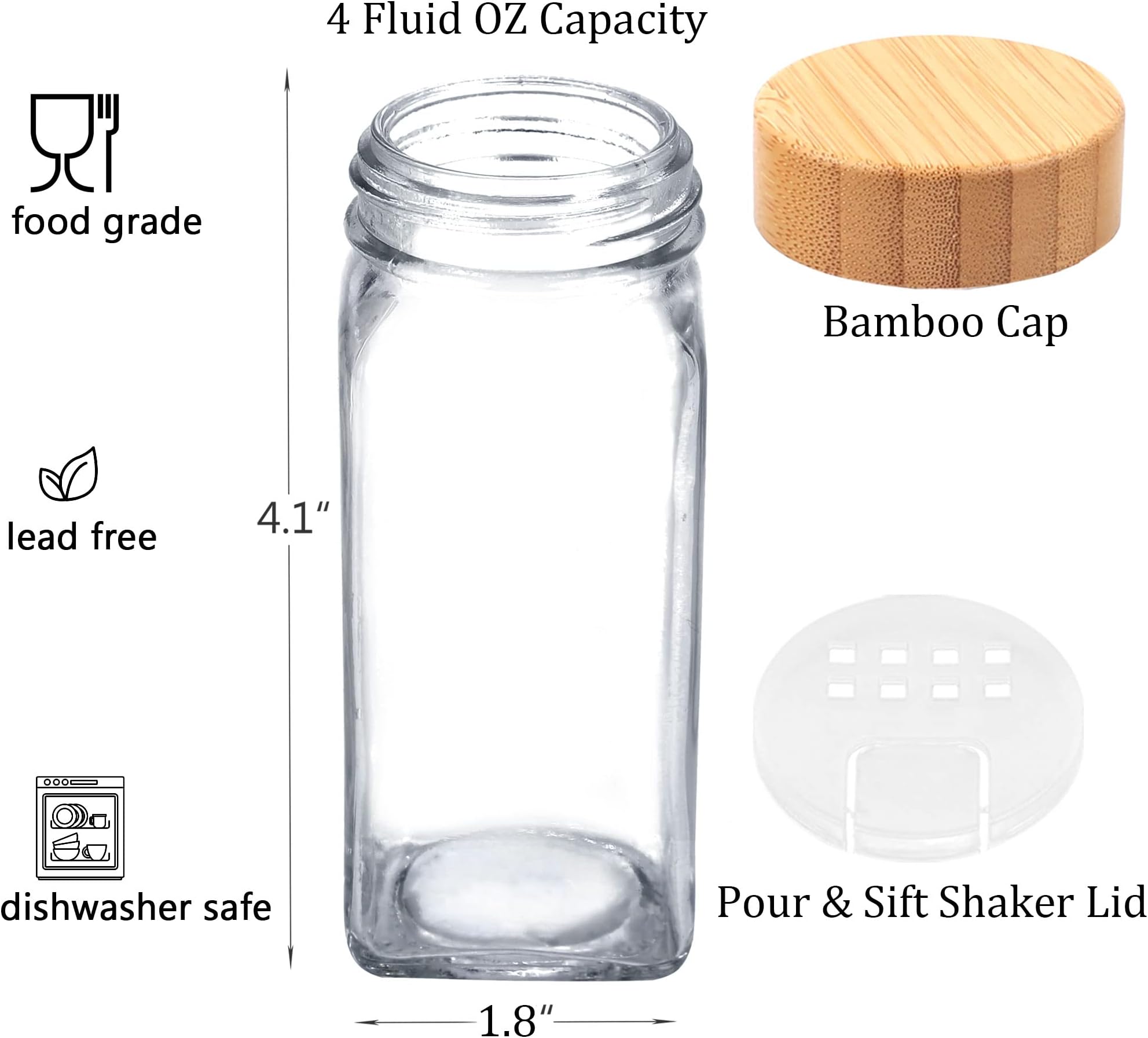 SWOMMOLY 24 Pcs Glass Spice Jars with Labels for Kitchen Storage, 4 oz Spice Jars with Bamboo Lids, Empty Square Spice Bottles with Shaker Lids, Spice Containers with White Spice Labels Stickers