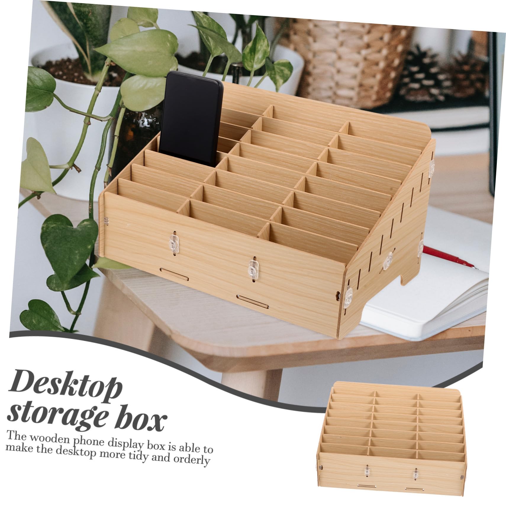 Veemoon Caja de Almacenamiento de Madera Natural para Escritorio con Compartimentos Múltiples Organizador de Suministros y Gestión para Teléfonos Móviles y Objetos Pequeños Hogar y
