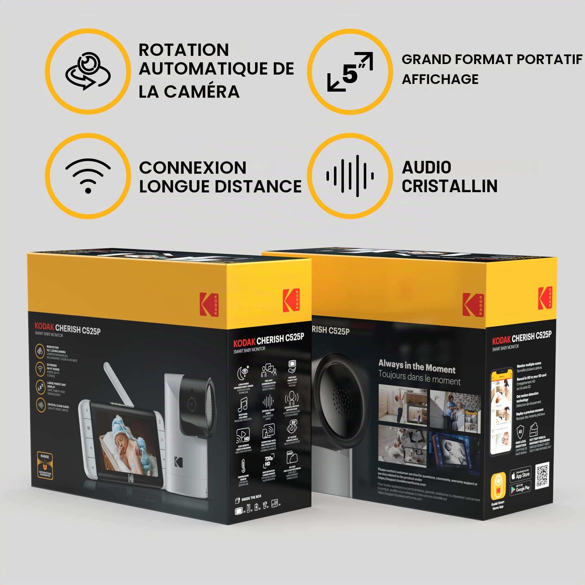 Kodak Cherish C525P Moniteur vidéo Intelligent pour bébé, vidéo de qualité pour des vérifications Rapides et en Toute Confiance, Longue durée de Vie de la Batterie Pendant la Nuit et Les Siestes