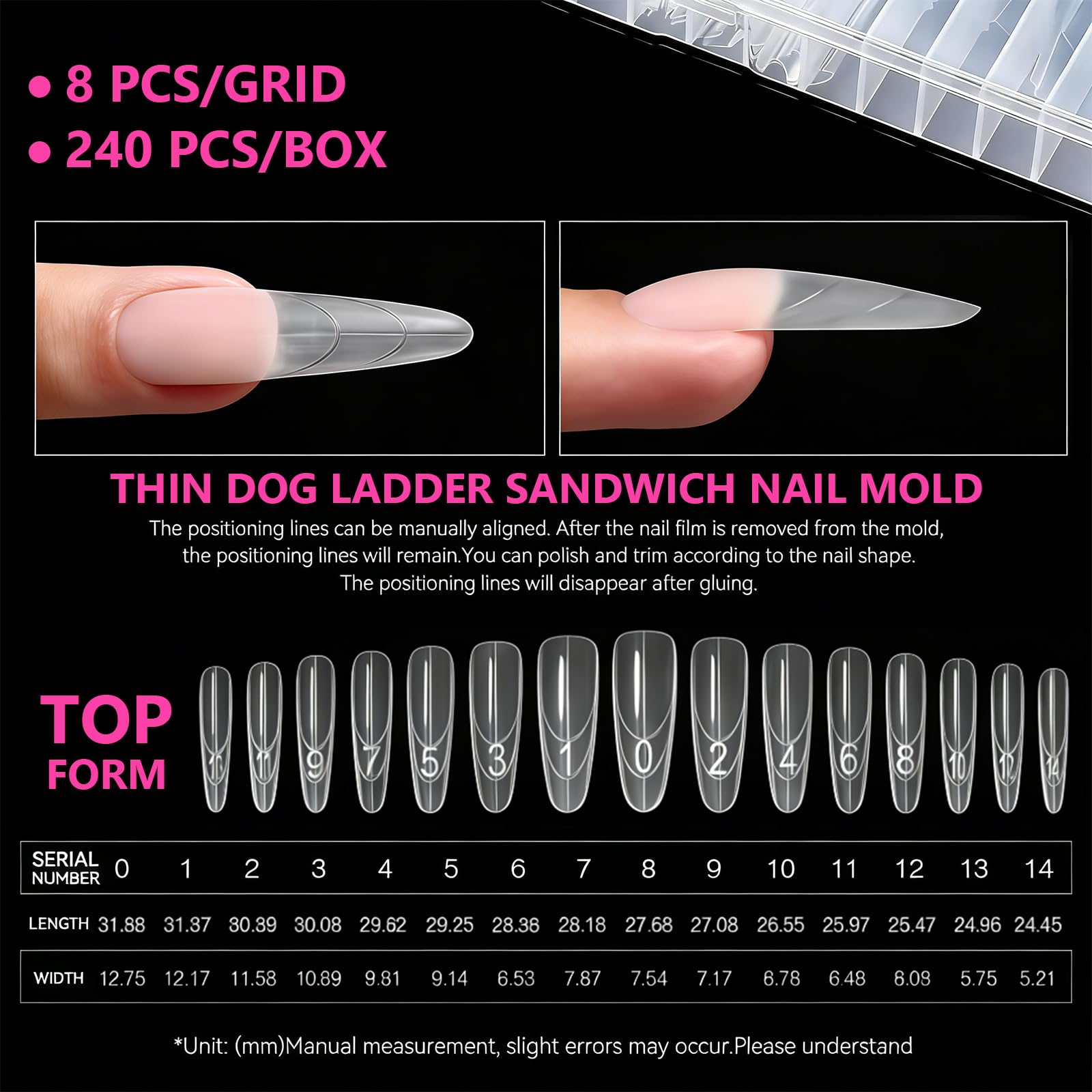 Original Sandwich Nagelform Dual Form 240 piezas Mandel Redondeles Uñas Formas Con Líneas Guia 15 Tamaños Plantillas De Uñas Superior E Inferior Para Builder G