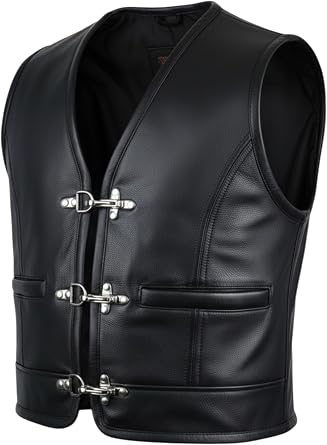 Mens motorcycle leather vest biker in black with carabiner