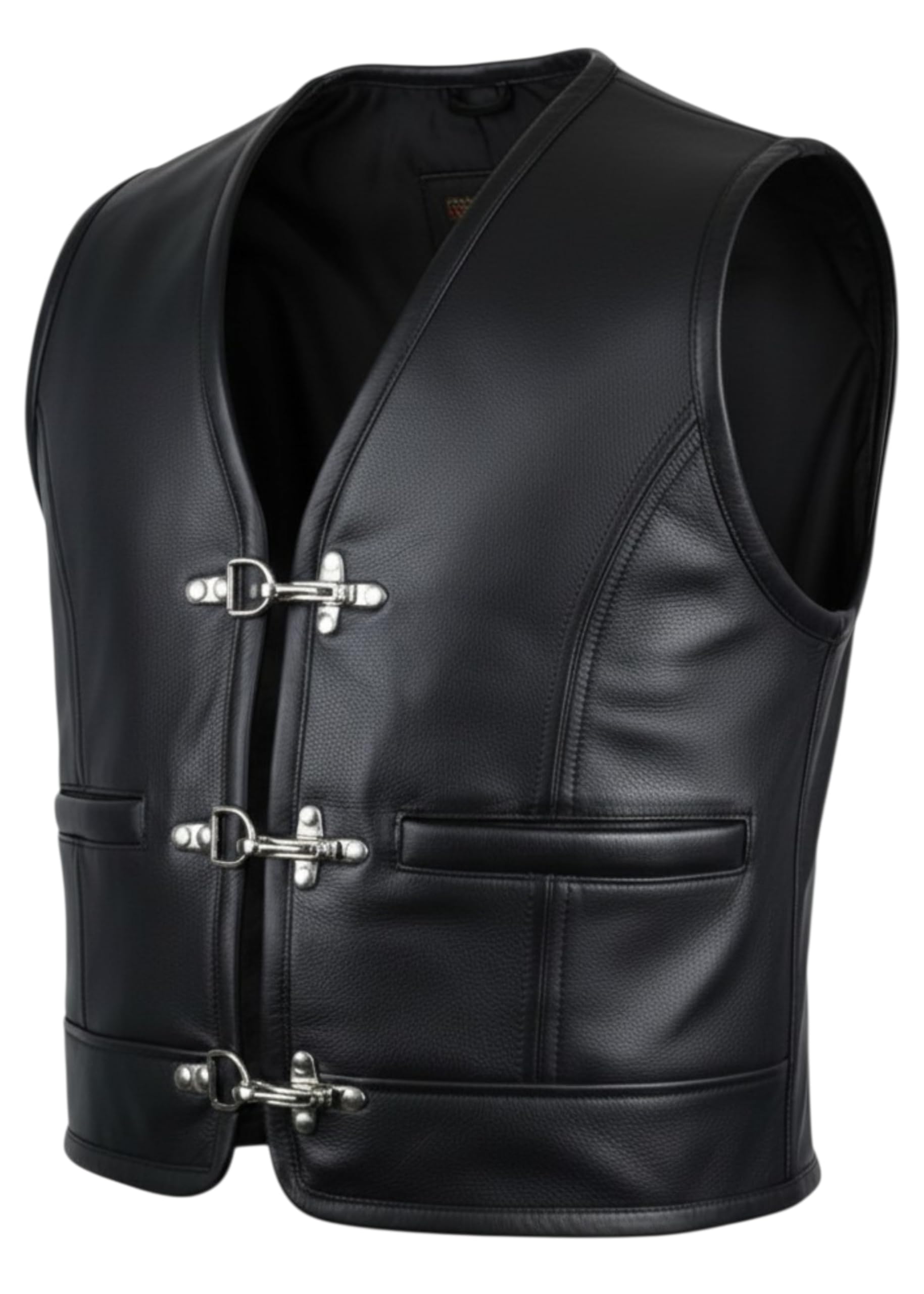 MDM Gilet biker uomo in pelle nera – Gilet moto in vero cuoio con fibbie cromate, chiuso ai lati e con tasche interne – Stile chopper classico
