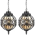 Globe Outdoor Pendant Lights for Porch Patio Garage, Matte Black Aluminum Anti-Rust Hanging Light Fixture, Industrial Round Amber Glass Exterior Chandelier, Outside Pendant Lamp Lantern