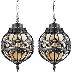 Globe Outdoor Pendant Lights for Porch Patio Garage, Matte Black Aluminum Anti-Rust Hanging Light Fixture, Industrial Round Amber Glass Exterior Chandelier, Outside Pendant Lamp Lantern