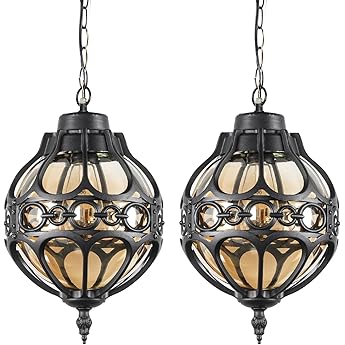Globe Outdoor Pendant Lights for Porch Patio Garage, Matte Black Aluminum Anti-Rust Hanging Light Fixture, Industrial Round Amber Glass Exterior Chandelier, Outside Pendant Lamp Lantern