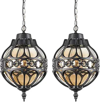 Globe Outdoor Pendant Lights for Porch Patio Garage, Matte Black Aluminum Anti-Rust Hanging Light Fixture, Industrial Round Amber Glass Exterior Chandelier, Outside Pendant Lamp, 2 Pack