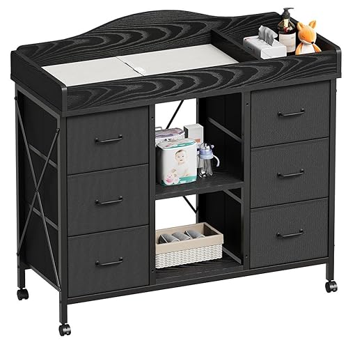 Yetom Changing Table, 6-Drawer Baby Dresser with Changing Table top,Waterproof Diaper Changing Station & Pad, 2 Height-Adjustable Open Storage Shelves, Mobile Nursery Organizer, Black
