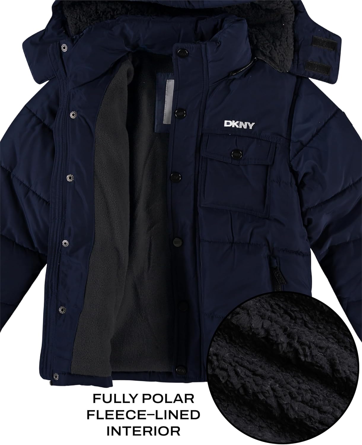DKNY Boys Puffer Jacket - Wind Water Resistant Polar Fleece Lined Boys Winter Coat - Cozy Kids Jacket with Sherpa Lined Hood