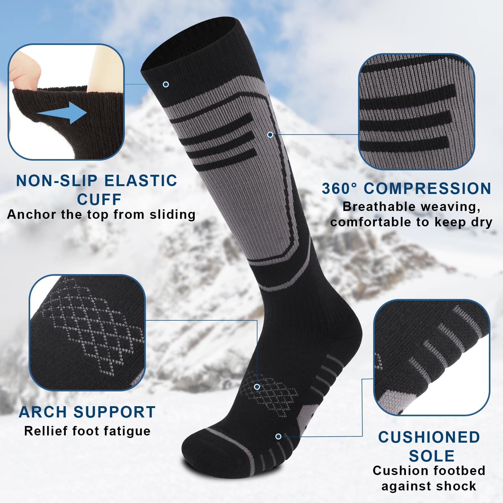 2 Pares Calcetines Esqui Lana Merino, Calcetines de Esquí Hombre y Mujer para Esquiar, Snowboard y Deportes de Invierno al Aire Libre
