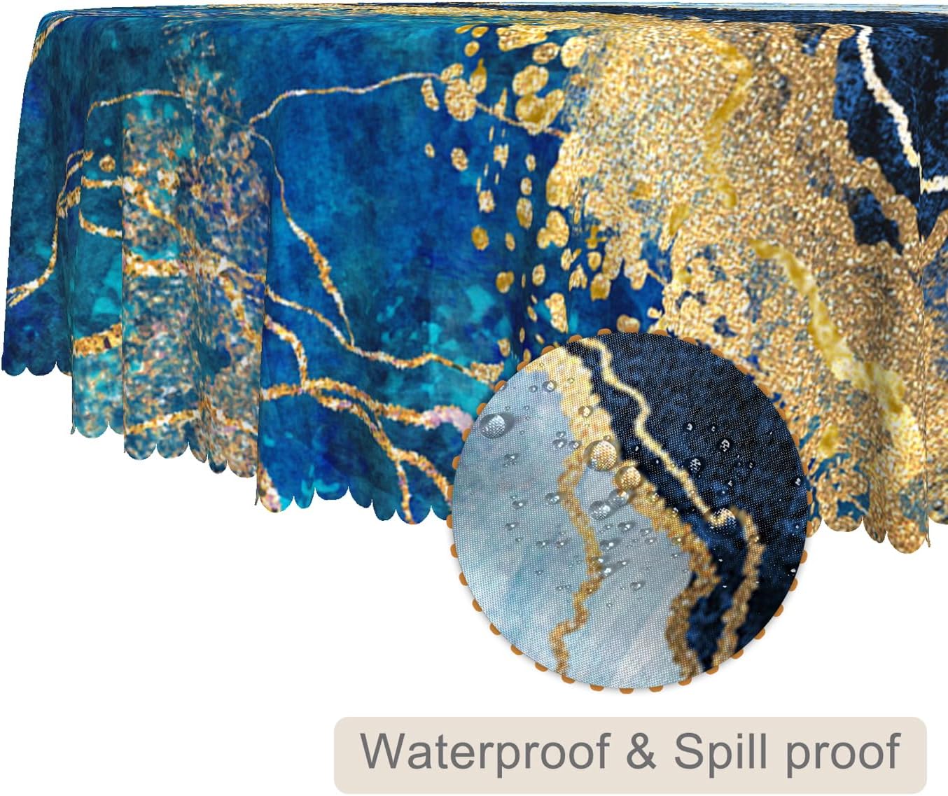 Blue Marble Round Tablecloth 60 Inch Navy Blue Marble Gold Crack Modern Luxury Ink Art Table Cloth Oil Proof Wrinkle Free Polyester Table Cover for Dining Room Kitchen Patio Party Supplies