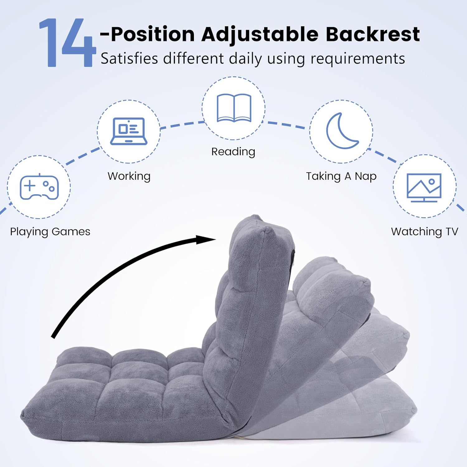 Floor Chair with Back Support, Foldling Gaming Sofa Chair with Comfy Cushion, Adjustable 14-Position Meditation Chairs, Lazy Lounge Recliner Reading Seat for Adults, Kids (Grey, Large)