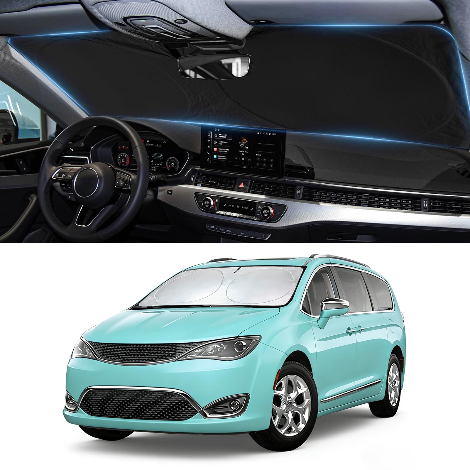 Sunshade for Pacifica Windshield Sun Shade for 2017-2024 2025 2026 Chrysler Pacifica Minivan Accessories Front Window Shield Cover Sun Visor Blocker Suncreen Protector Keep Car Cooler