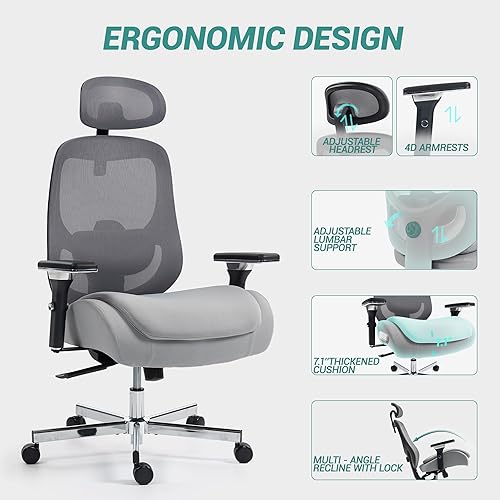 Miniatura 7 de Silla de oficina grande y alta de 450 libras, silla ejecutiva resistente con brazos 4D, silla ergonómica de escritorio para computadora, silla