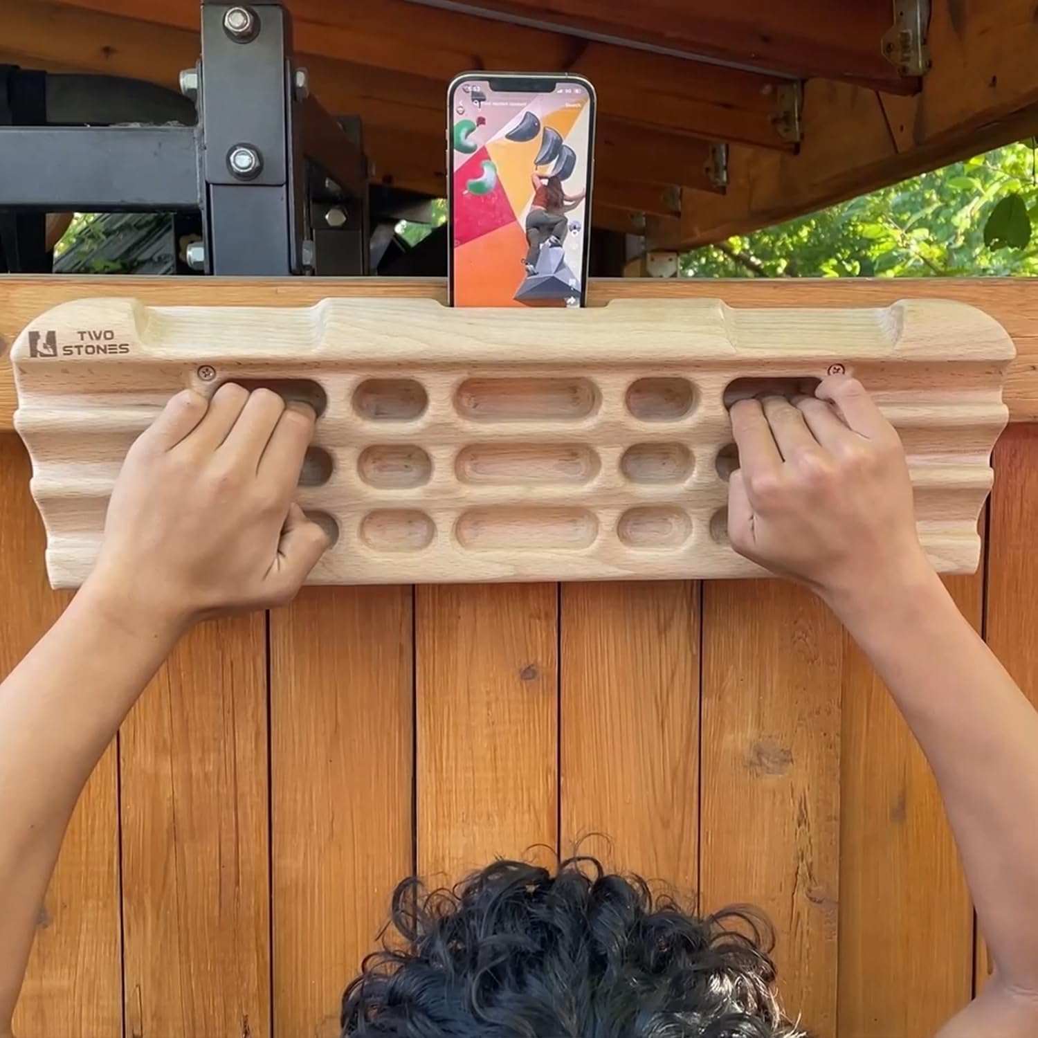 Hangboard Rock Climbing Hangboard with Phone Holder, Band Holder, Jugs, Pinches, Pockets, Edges and Slopes; Wood Hang Board for Climbing