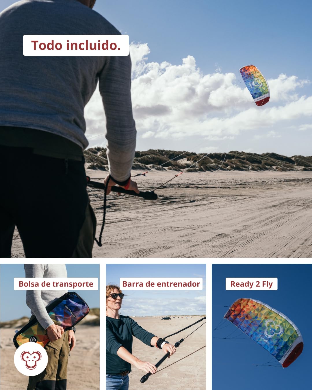 Skymonkey Windtrainer 3.3 Parafoil 4-Cordones Cometa acrobática Ready 2 Fly - Envergadura: 330 cm
