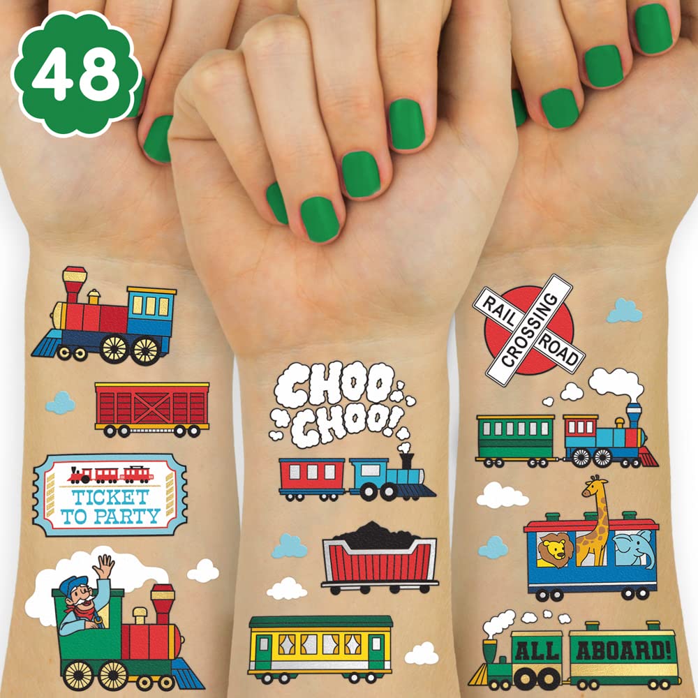 xo, Fetti Train Party Supplies Temporary Tattoos for Kids - 48 Styles | Trains Birthday, Choo Choo Party Favors, Railroad Decorations