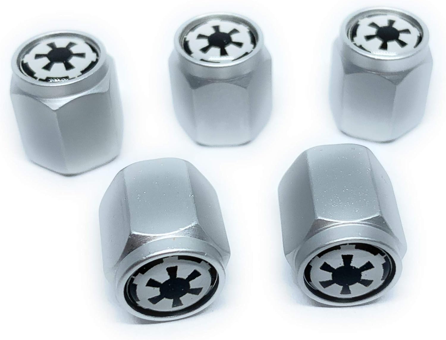 Galactic Empire Tire Valve Stem Caps (5 Pack) | Dust Proof with O Rubber Seal Outdoor All-Weather Leak-Proof Air Protection Universal Stem Covers for Cars SUVs Trucks Motorcycles (Silver)