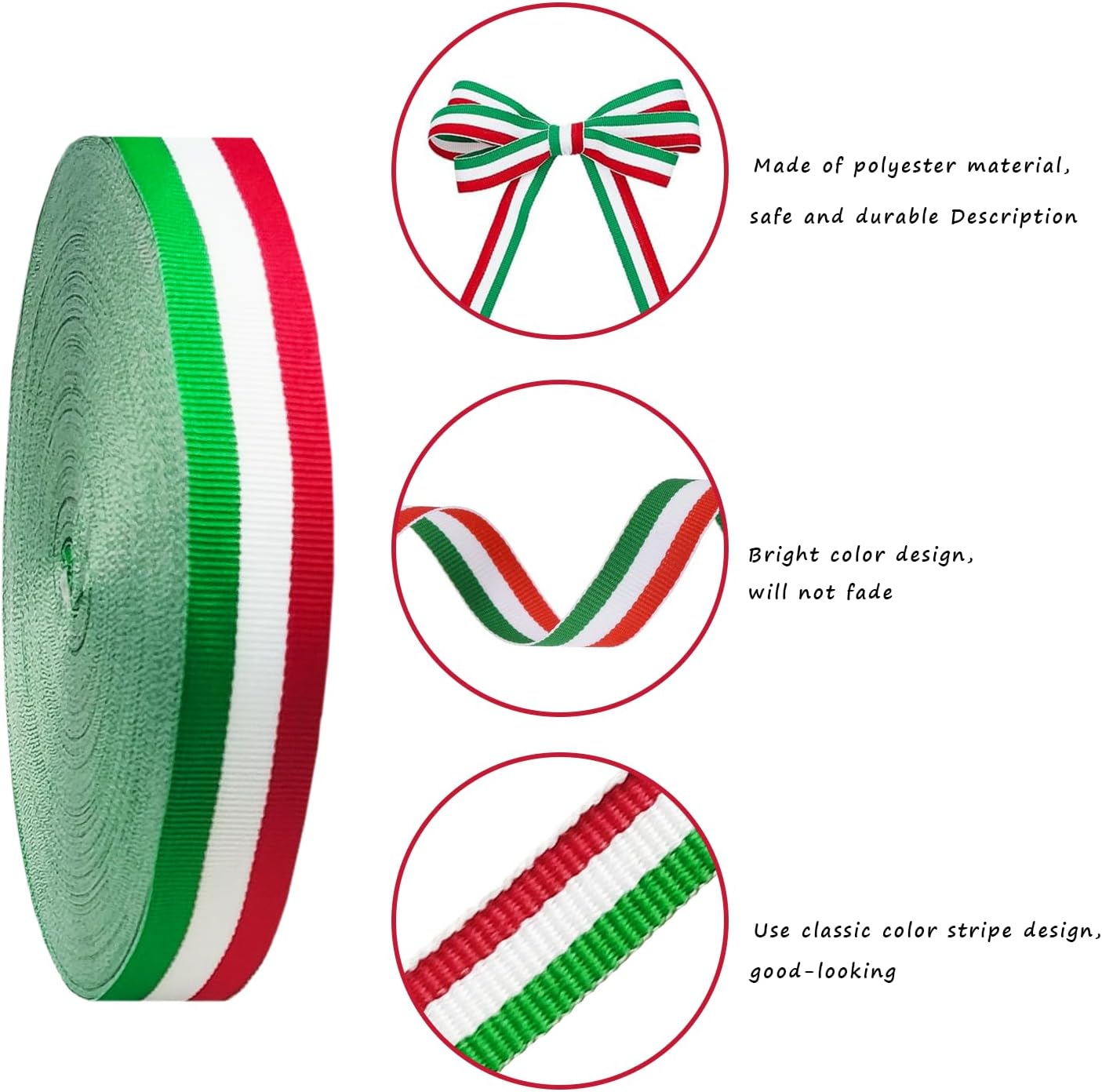 Double Faced Green/White/Red Grosgrain Ribbon Striped, 55 Yards 1 Inch Polyester Fabric Ribbon for DIY Crafts Gift Wrapping Christmas Party Wedding Decoration