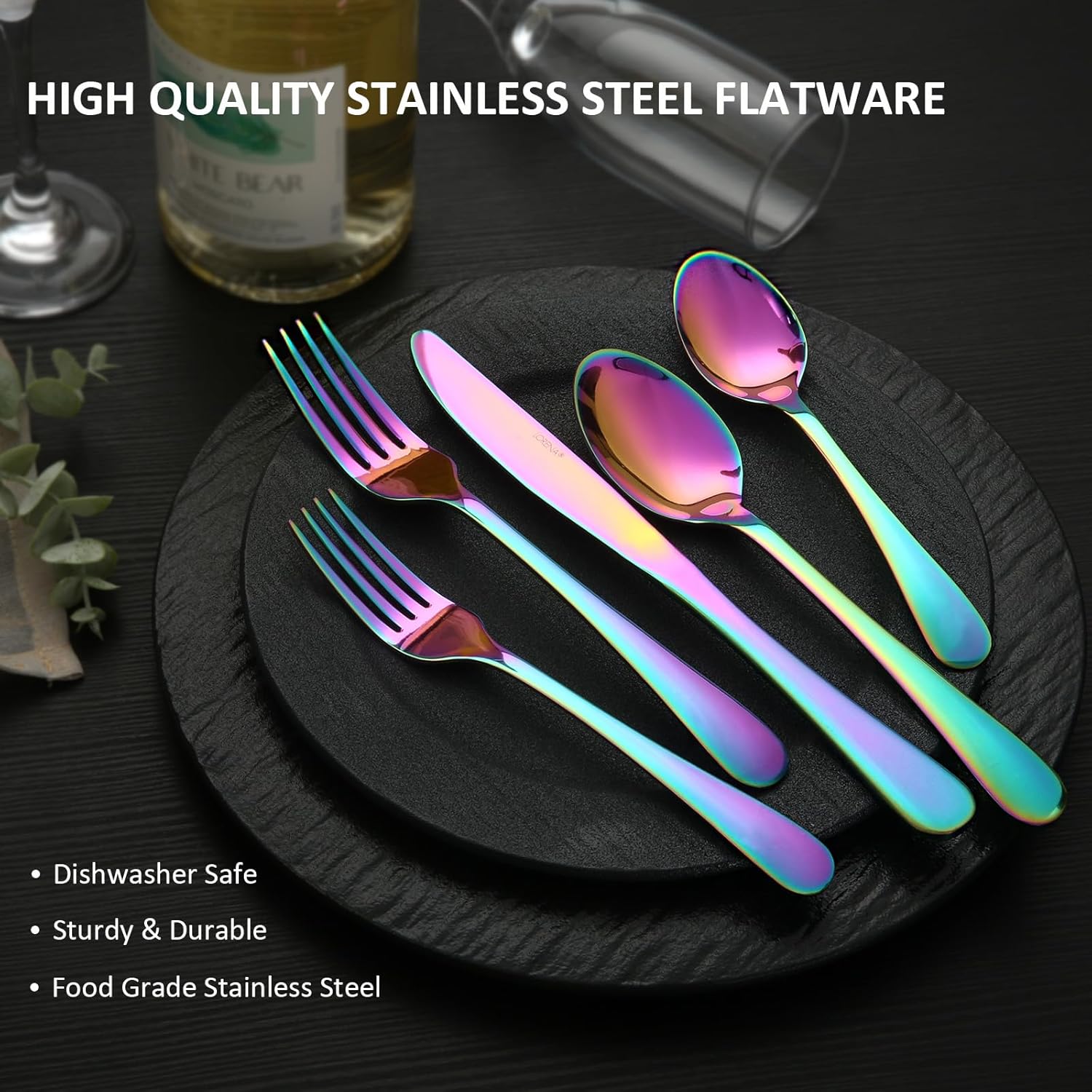 Rainbow Silverware Sets with Steak Knife - 24 PC Stainless Steel Silverware Sets Service for 4 Dishwasher Safe, Mirror Polished Flatware Set For Home,Restaurant,Hotel, Wedding, Parties