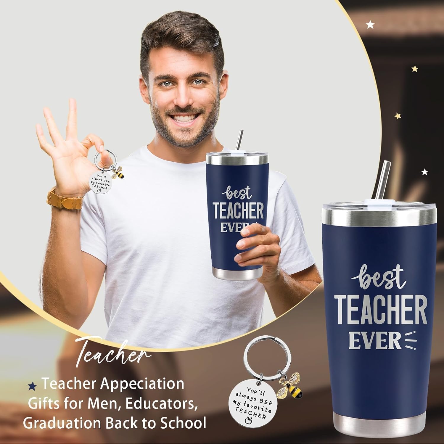 Teacher Appreciation Gifts for Men, 20Oz Navy Blue Stainless Steel Tumbler Cup, Best Thank You Teacher Ever Coffee Mug Gift Set with Lid Straw Keychain Educators Graduation Thanksgiving Christmas Gift - Image 2