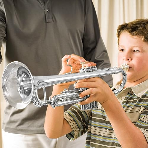 Miniatura 7 de Trompeta, trompeta estándar Bb Latón Plata Estudiante Trompeta Instrumento para la Banda Escolar Orquesta Principiantes Adultos con Estuche Duro,