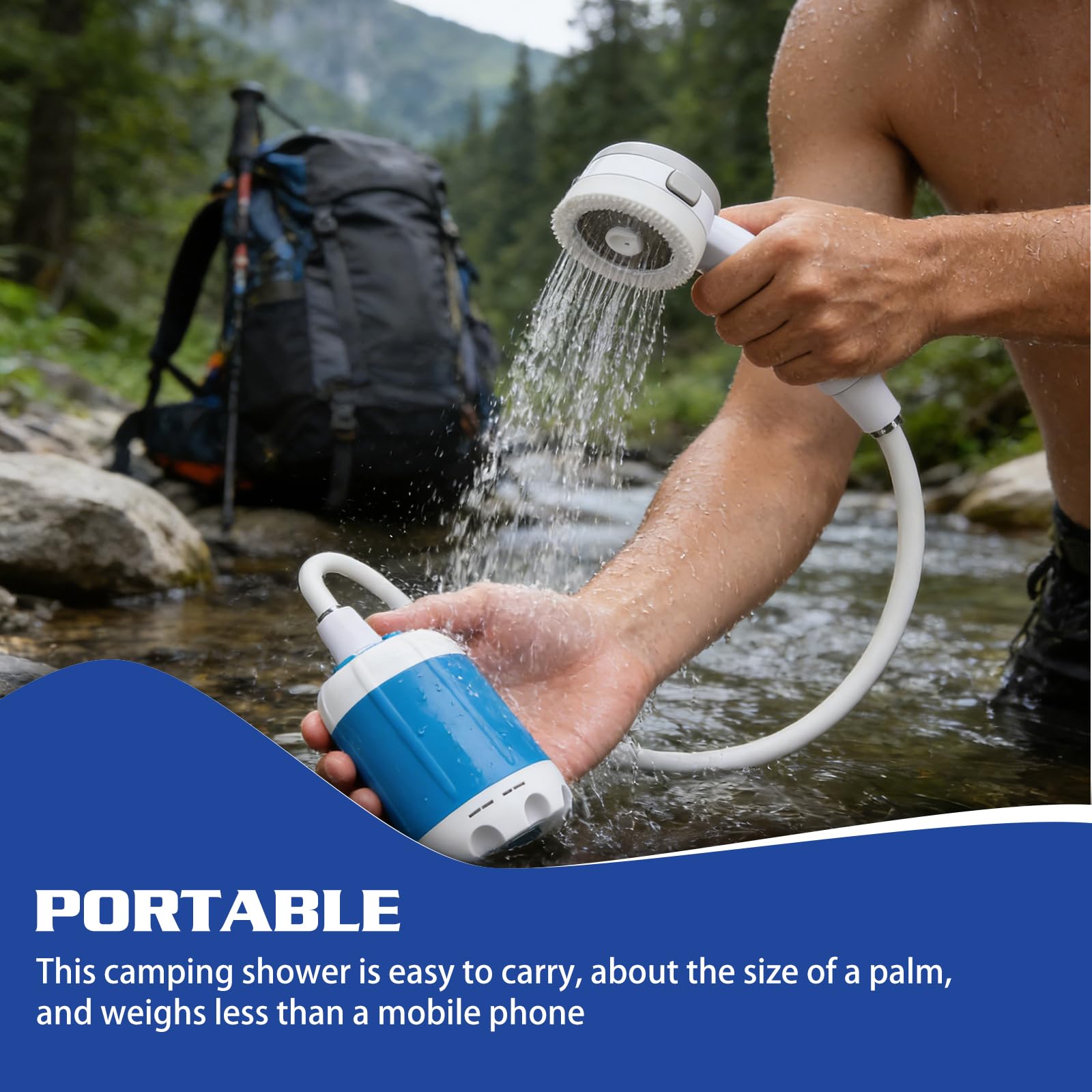 Doccia portatile da campeggio con pompa, 6000 mAh, doccia da campeggio con batteria, doccia mobile per esterni con soffione e tubo, doppia modalità acqua, doccia portatile per campeggio, viaggi
