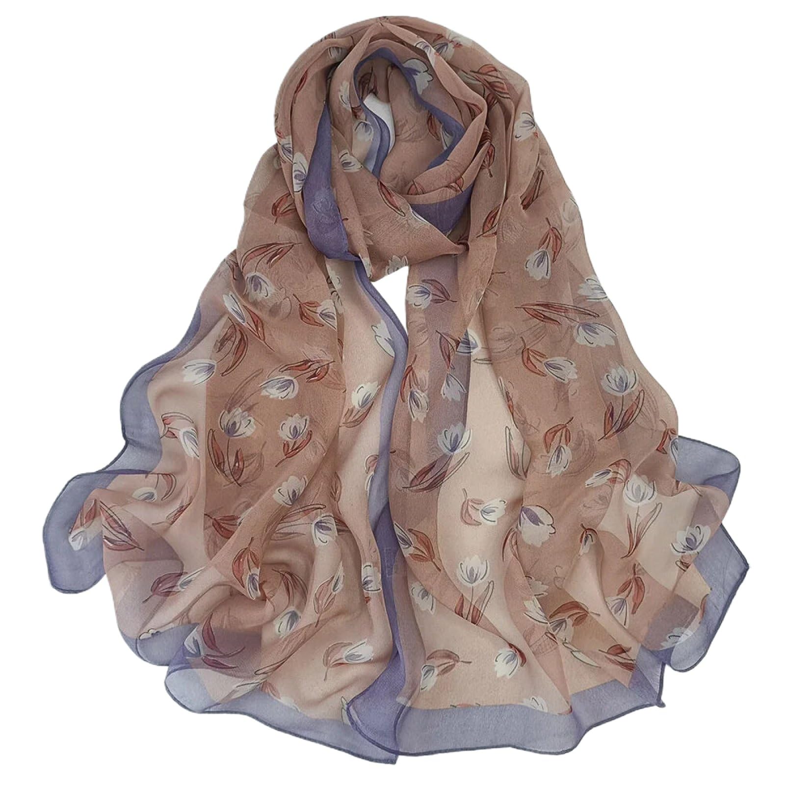 Miatcenrt Women's Brown Floral Print Chiffon Scarf - Magnolia Flower Print Elegant Chiffon Georgette Bandana Scarf, Beach Sunscreen Thin Hijab Headband Shawl For Spring Summer,,50 * 160Cm