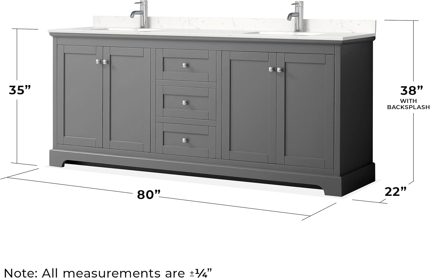 Avery 80 Inch Double Bathroom Vanity in Dark Gray, Light-Vein Carrara Cultured Marble Countertop, Undermount Square Sinks, No Mirror