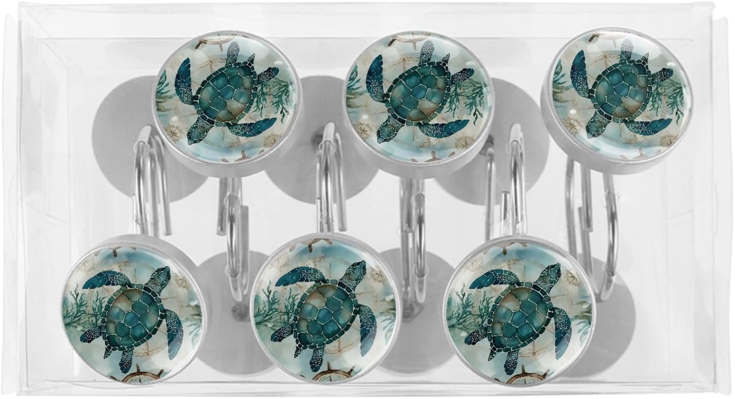 Vintage Turtle Shower Curtain Hooks Rings, Round 12 Pcs Resin Glass Shower Curtain Hangers for Bathroom, Rust Proof Stainless Steel Shower Hooks for Shower Curtain Rod