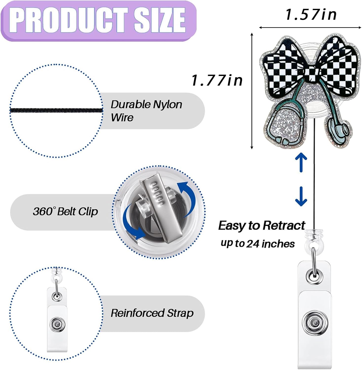 Checkered Bow Stethoscope Badge Reel Retractable for Nurse Nursing RN MA CNA LPN & Medical Worker, Cute Nurse Gifts, Glitter Black and White Checkered Coquette Bow Badge Holder with Alligator Clip image 2
