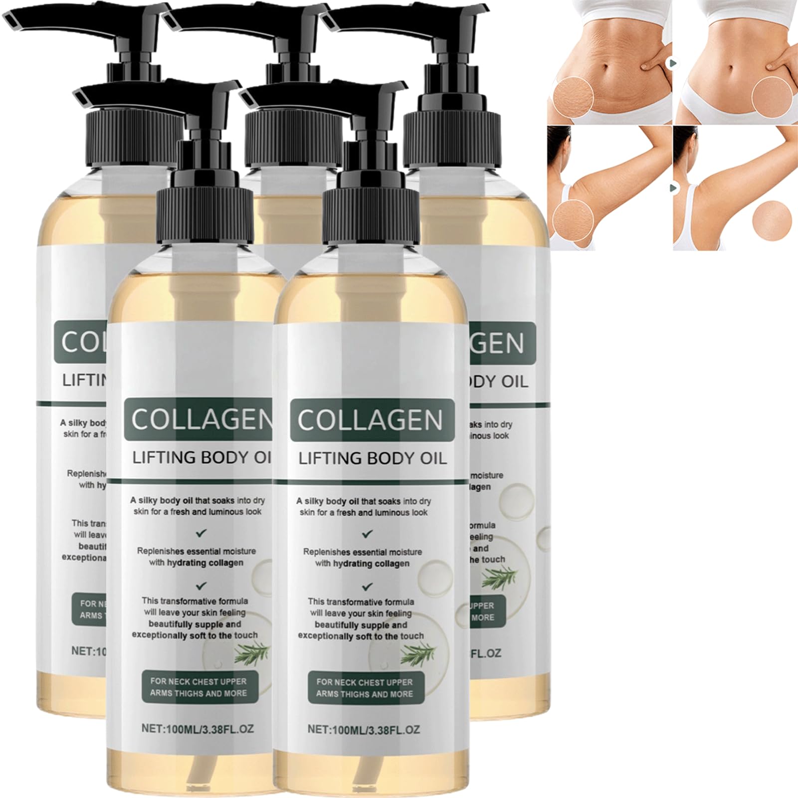 Aceite corporal levantador de colágeno de romero: aceite hidratante para estirar la piel después de la ducha, ayuda a mejorar la firmeza, brillo antienvejecimiento, (5 piezas)