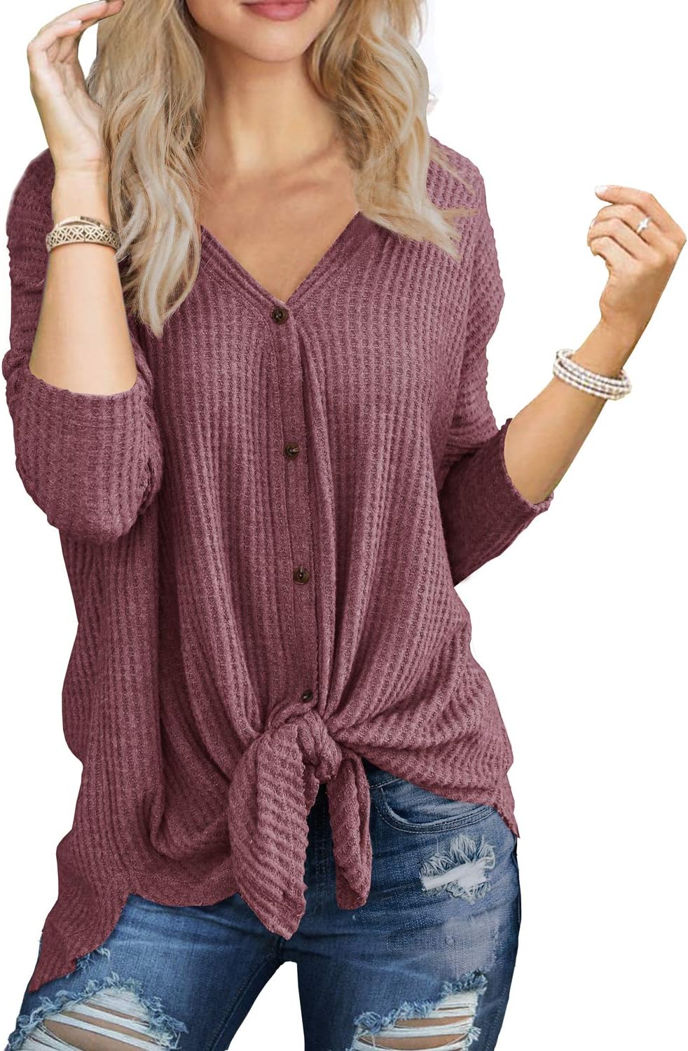 Women's Waffle Knit Tunic Blouse Tie Knot Henley Tops Loose Fitting Bat Wing Plain Shirts