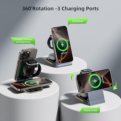 Miniatura 2 de Cargador inalámbrico plegable 3 en 1  Estación de carga inalámbrica magnética para Apple Magsafe soporte de cargador con luz, cargador de viaje