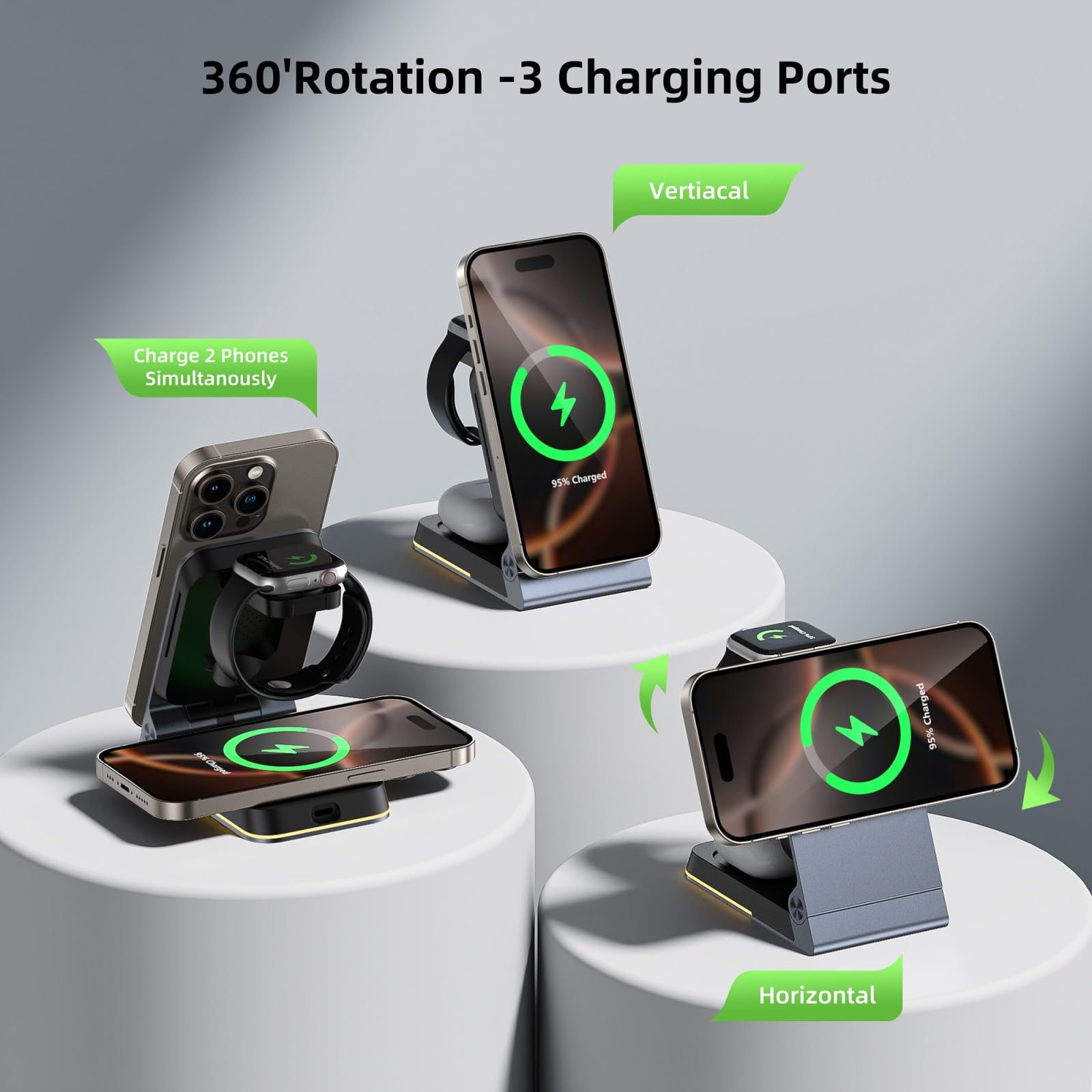 Station de charge sans fil 3 en 1 en aluminium, chargeur sans fil pliable pour Apple Magsafe avec lumière, support magnétique de voyage portable pour iPhone 16/15/14, montre, Airpod, adaptateur inclus