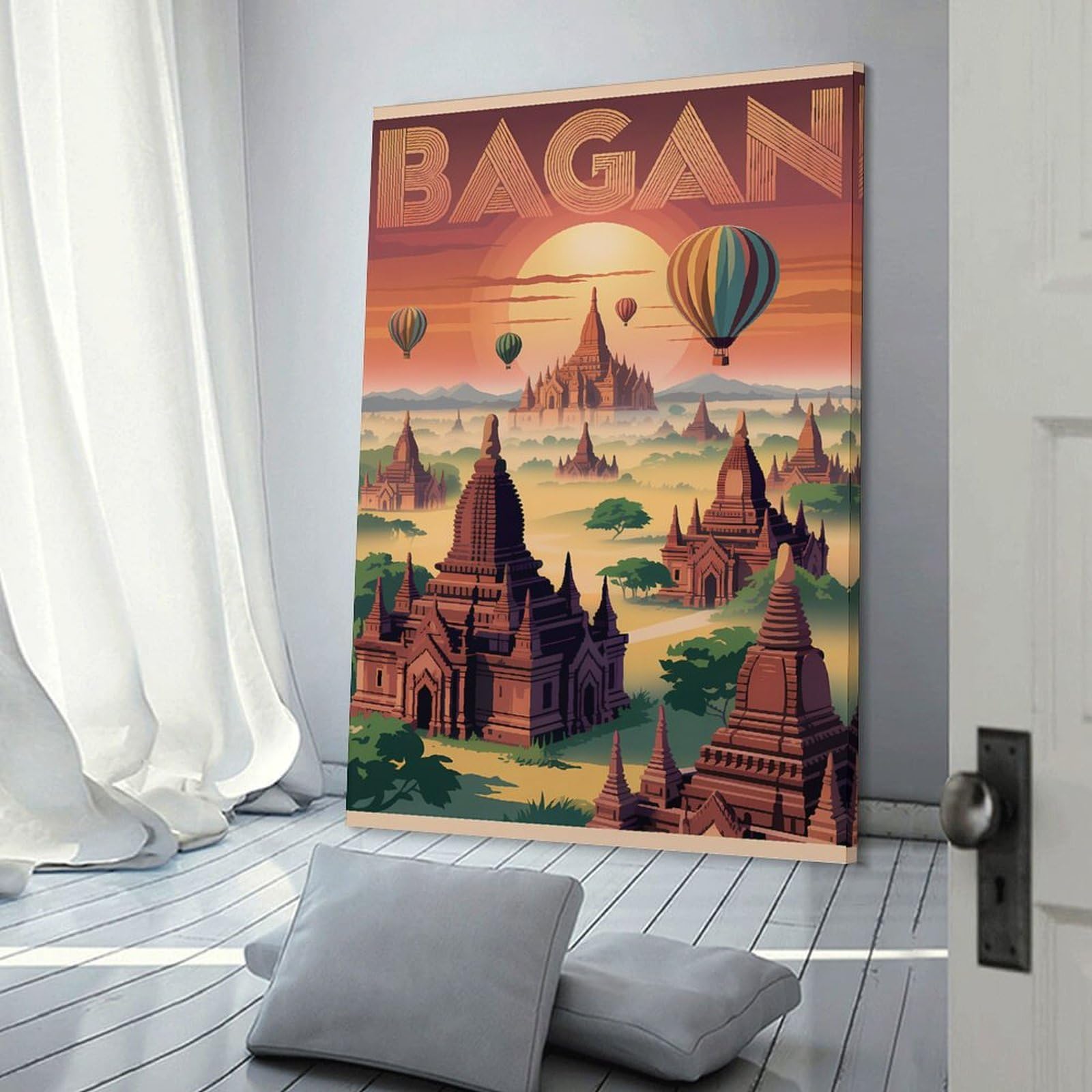 Junmoney Room Decor Wall Art Bagan Myanmar Travel, 24x36inch(60x90cm), for Home Lounge, Bedroom Or Reading Nook, Eye Catching Artwork for Blank Walls