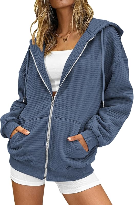 BTFBM Zip Up Hoodie Women Long Sleeve Sweatshirts Fall Outfits 2025 Oversized Hoodies Casual Fashion Jackets(Solid Grey Blue,XX-Large)