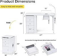 Vista 2 de Foldable Nail Table with Dust Collector, Manicure Desk for Nail Tech, with LED Lamp, Wrist Rest, Rolling Nail Table for Salon, Home Beauty Blanco