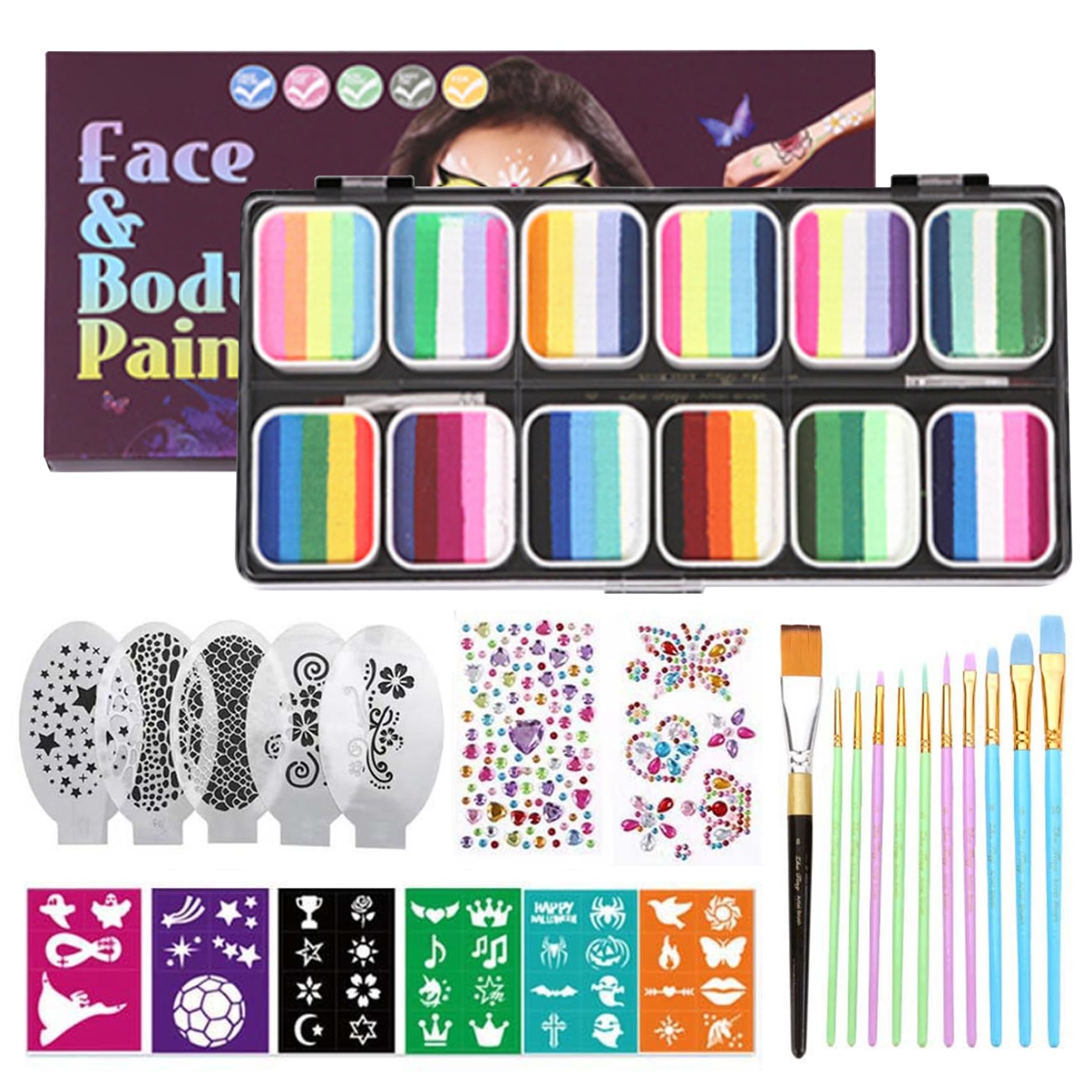 Kit de peinture faciale 12 palettes à gâteaux divisées kit de maquillage en face avec pochoirs Broussants Stickers arc-en-ciel non toxique peinture corps pour enfants pour enfants Halloween Car